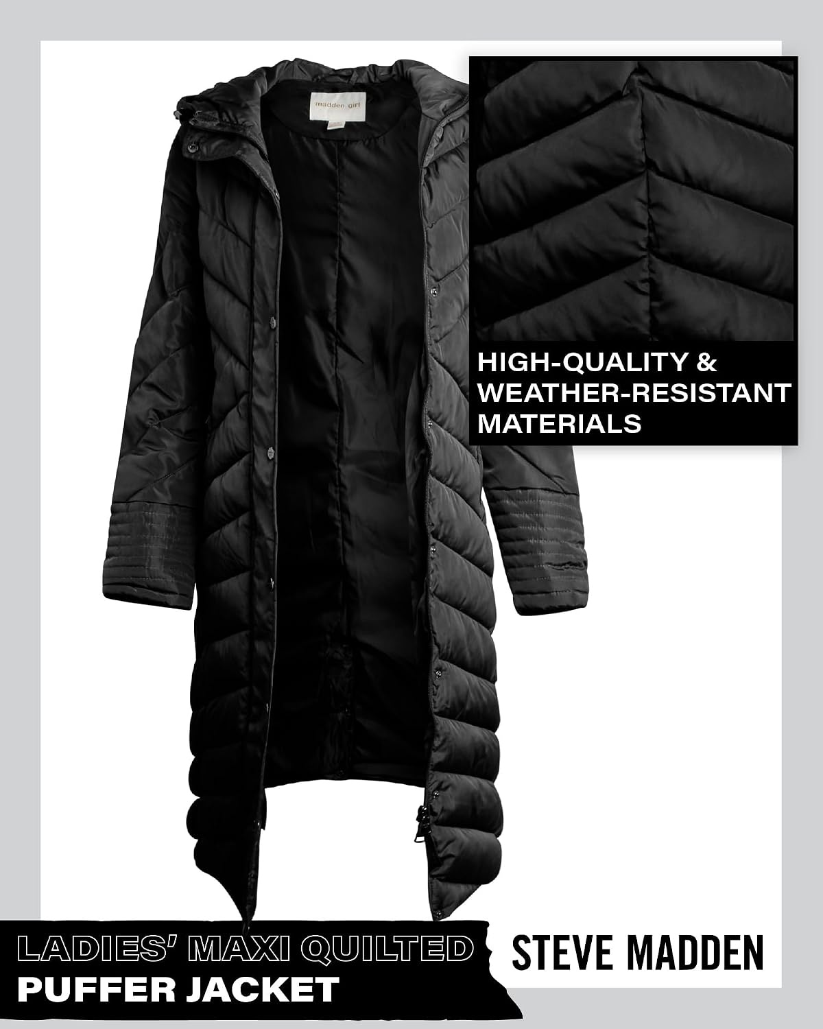 image:imageMadden Girl Womens Maxi Puffer Winter Coats Long Quilted Jackets for Women Weather Resistant Puffer Parka Hooded Jacket Weather Resistant Full Length Warmth Zipper and Button Closure Cozy Insulated Hood Zip Pockets Cold Weather ReadyBlack