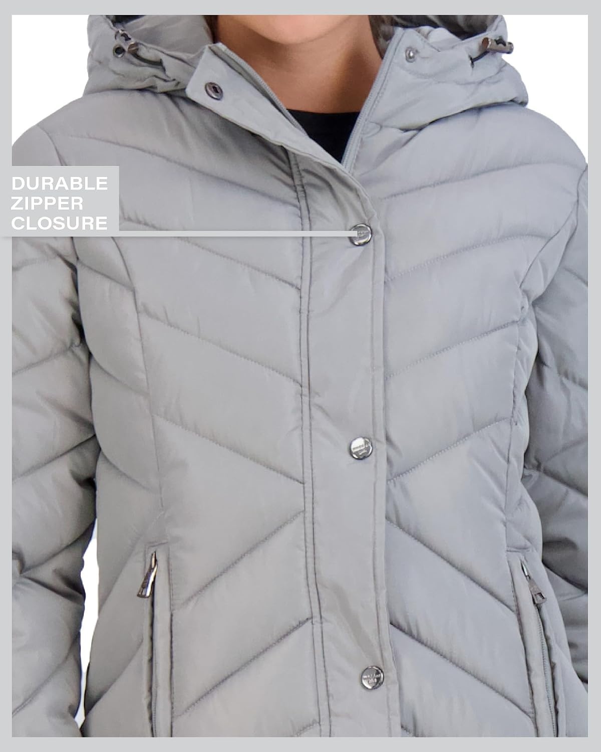 image:imageMadden Girl Womens Maxi Puffer Winter Coats Long Quilted Jackets for Women Weather Resistant Puffer Parka Hooded Jacket Weather Resistant Full Length Warmth Zipper and Button Closure Cozy Insulated Hood Zip Pockets Cold Weather ReadyTitanium