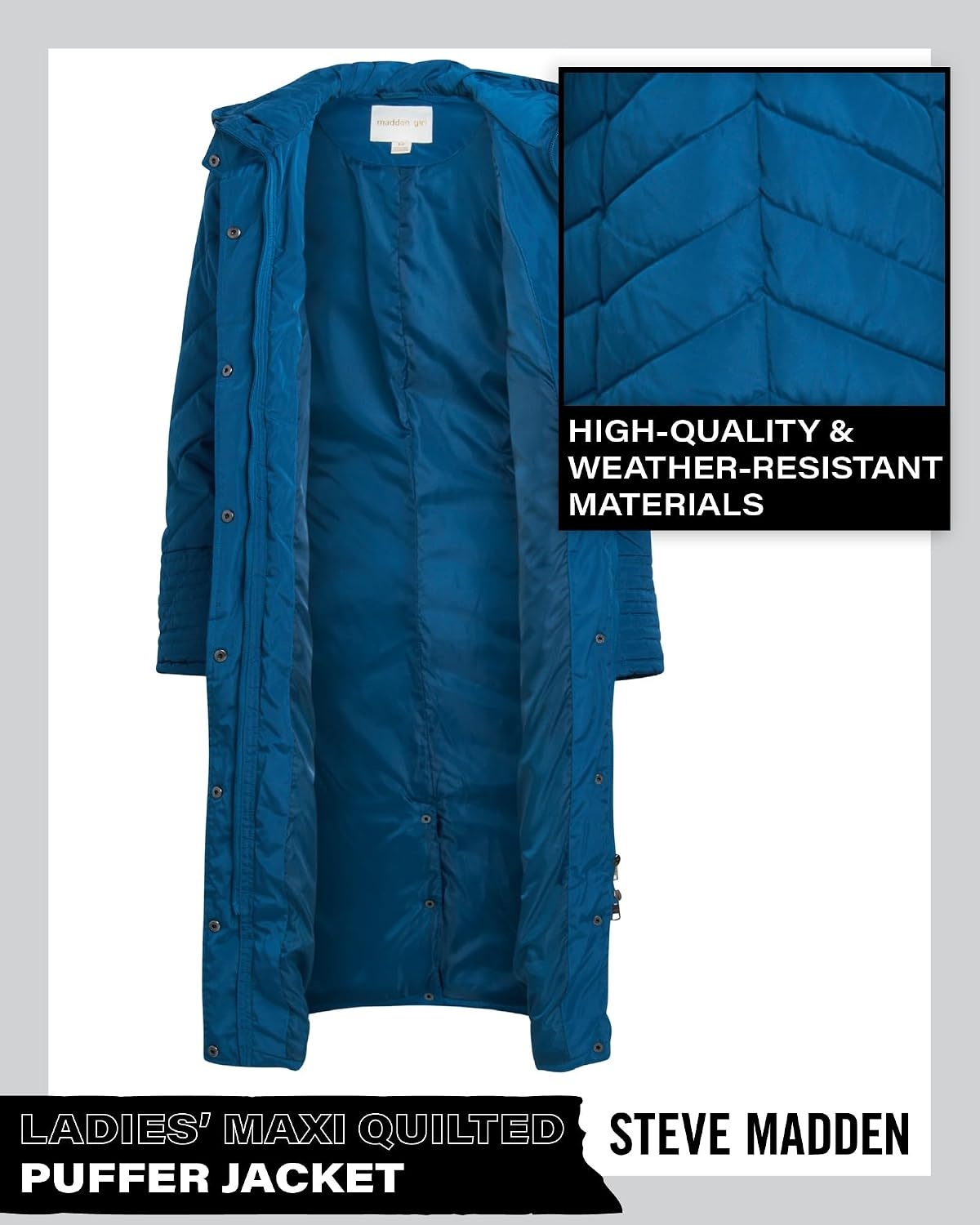 image:imageMadden Girl Womens Maxi Puffer Winter Coats Long Quilted Jackets for Women Weather Resistant Puffer Parka Hooded Jacket Weather Resistant Full Length Warmth Zipper and Button Closure Cozy Insulated Hood Zip Pockets Cold Weather ReadyPeacock