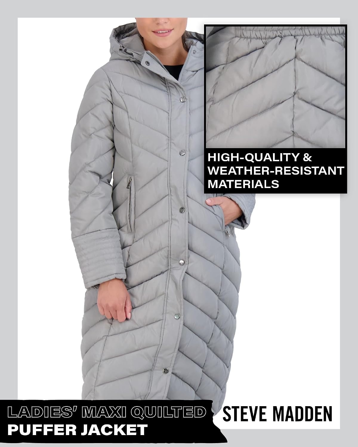 image:imageMadden Girl Womens Maxi Puffer Winter Coats Long Quilted Jackets for Women Weather Resistant Puffer Parka Hooded Jacket Weather Resistant Full Length Warmth Zipper and Button Closure Cozy Insulated Hood Zip Pockets Cold Weather ReadyTitanium