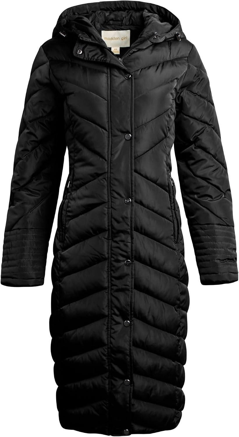 image:imageMadden Girl Womens Maxi Puffer Winter Coats Long Quilted Jackets for Women Weather Resistant Puffer Parka Hooded Jacket Weather Resistant Full Length Warmth Zipper and Button Closure Cozy Insulated Hood Zip Pockets Cold Weather ReadyBlack