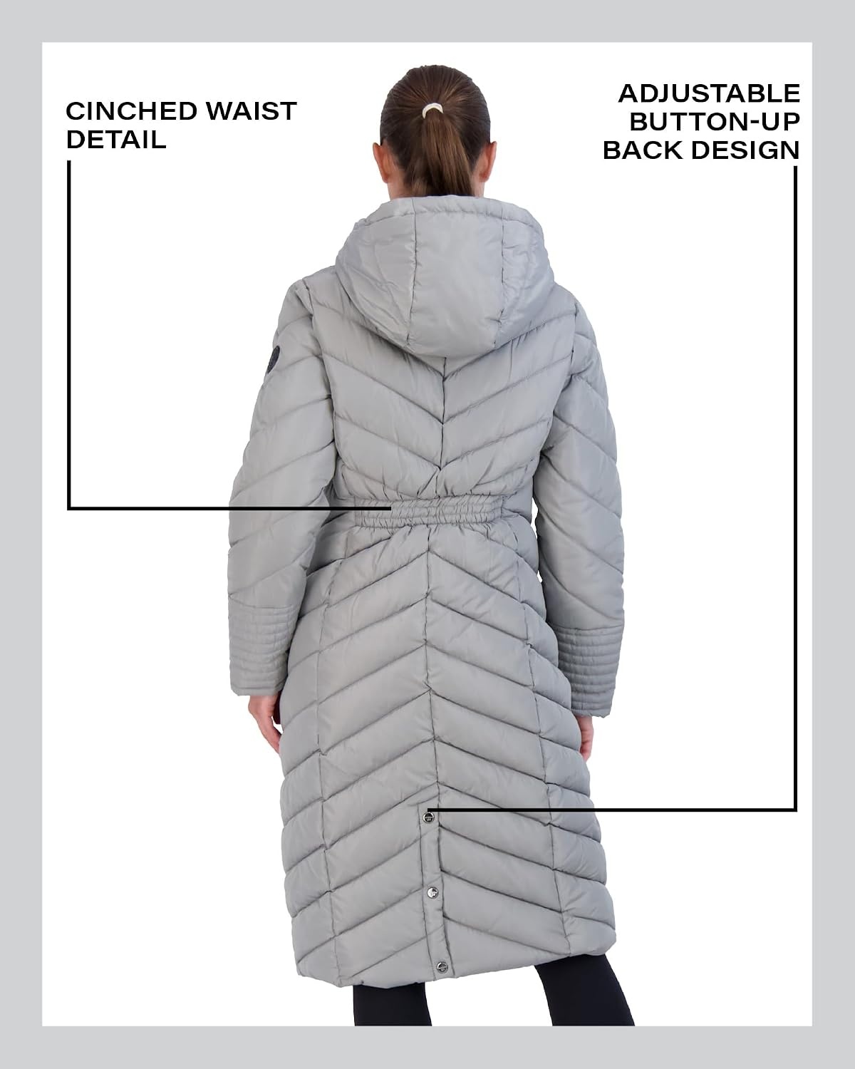 image:imageMadden Girl Womens Maxi Puffer Winter Coats Long Quilted Jackets for Women Weather Resistant Puffer Parka Hooded Jacket Weather Resistant Full Length Warmth Zipper and Button Closure Cozy Insulated Hood Zip Pockets Cold Weather ReadyTitanium