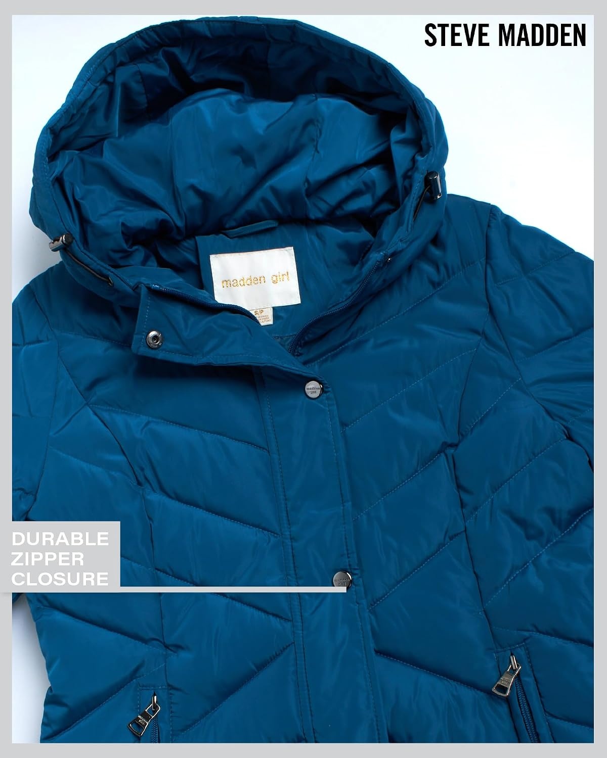 image:imageMadden Girl Womens Maxi Puffer Winter Coats Long Quilted Jackets for Women Weather Resistant Puffer Parka Hooded Jacket Weather Resistant Full Length Warmth Zipper and Button Closure Cozy Insulated Hood Zip Pockets Cold Weather ReadyPeacock