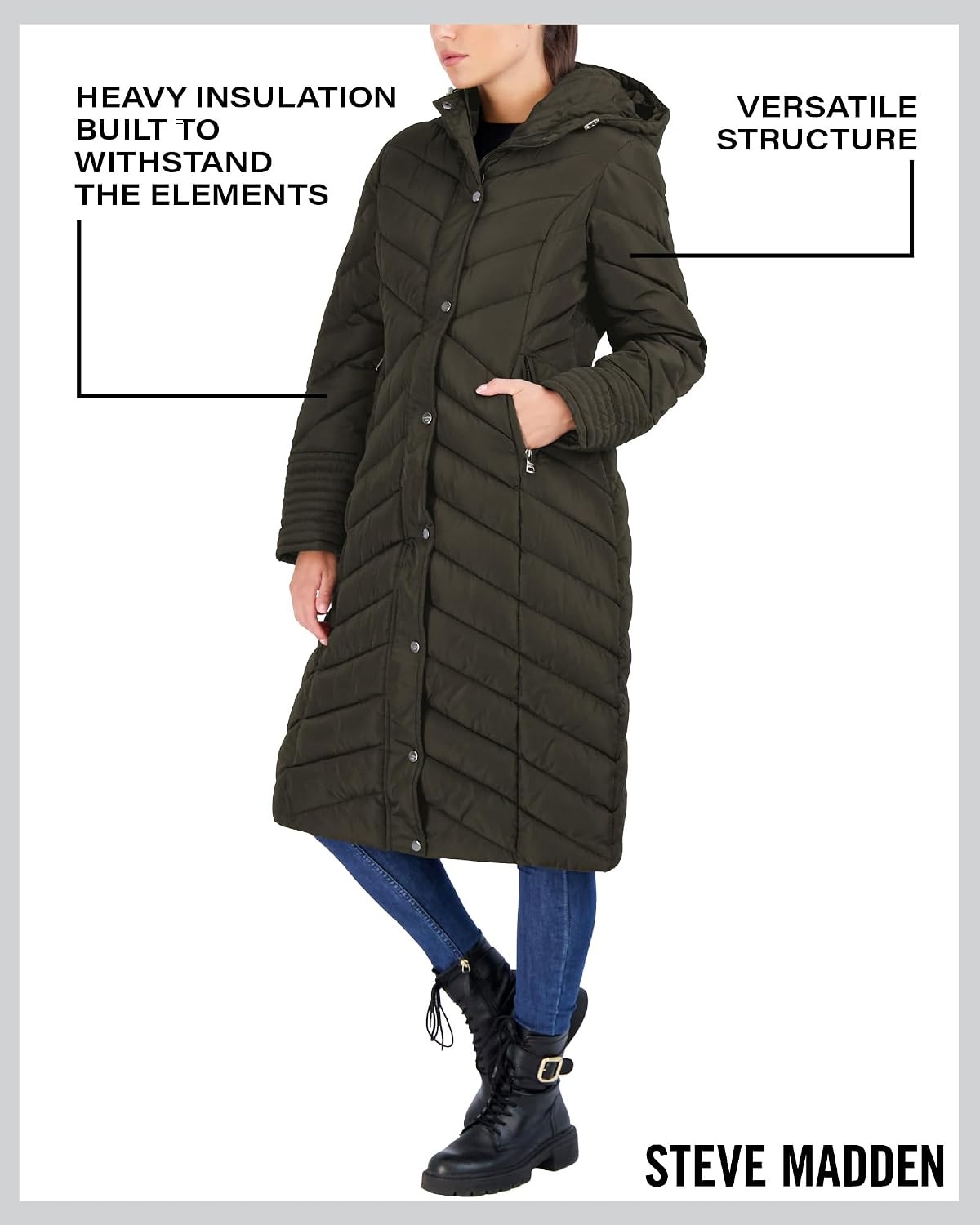 image:imageMadden Girl Womens Maxi Puffer Winter Coats Long Quilted Jackets for Women Weather Resistant Puffer Parka Hooded Jacket Weather Resistant Full Length Warmth Zipper and Button Closure Cozy Insulated Hood Zip Pockets Cold Weather ReadyOlive