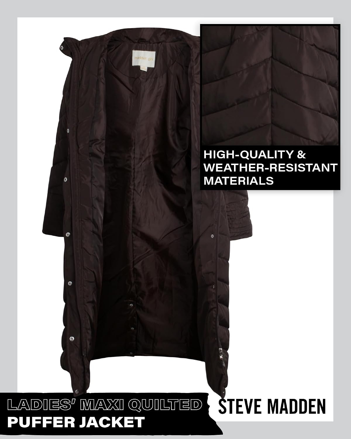 image:imageMadden Girl Womens Maxi Puffer Winter Coats Long Quilted Jackets for Women Weather Resistant Puffer Parka Hooded Jacket Weather Resistant Full Length Warmth Zipper and Button Closure Cozy Insulated Hood Zip Pockets Cold Weather ReadyChocolate