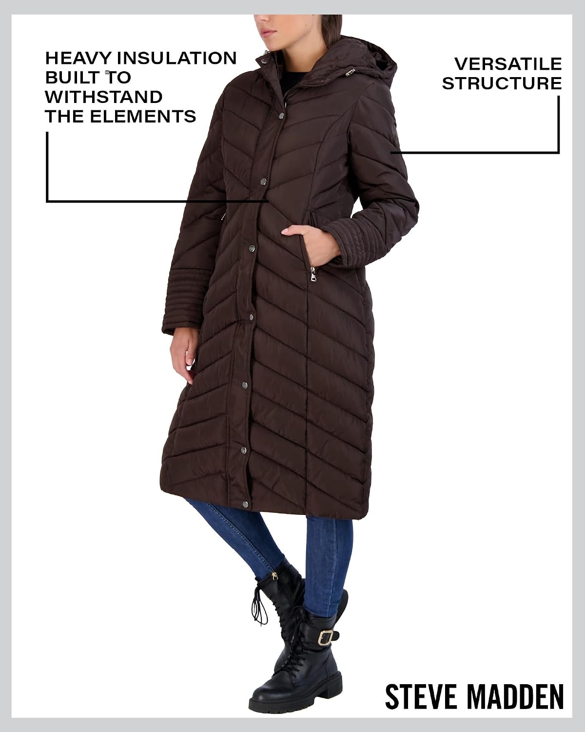 image:imageMadden Girl Womens Maxi Puffer Winter Coats Long Quilted Jackets for Women Weather Resistant Puffer Parka Hooded Jacket Weather Resistant Full Length Warmth Zipper and Button Closure Cozy Insulated Hood Zip Pockets Cold Weather ReadyChocolate