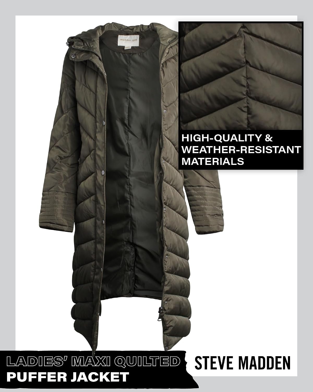 image:imageMadden Girl Womens Maxi Puffer Winter Coats Long Quilted Jackets for Women Weather Resistant Puffer Parka Hooded Jacket Weather Resistant Full Length Warmth Zipper and Button Closure Cozy Insulated Hood Zip Pockets Cold Weather ReadyOlive