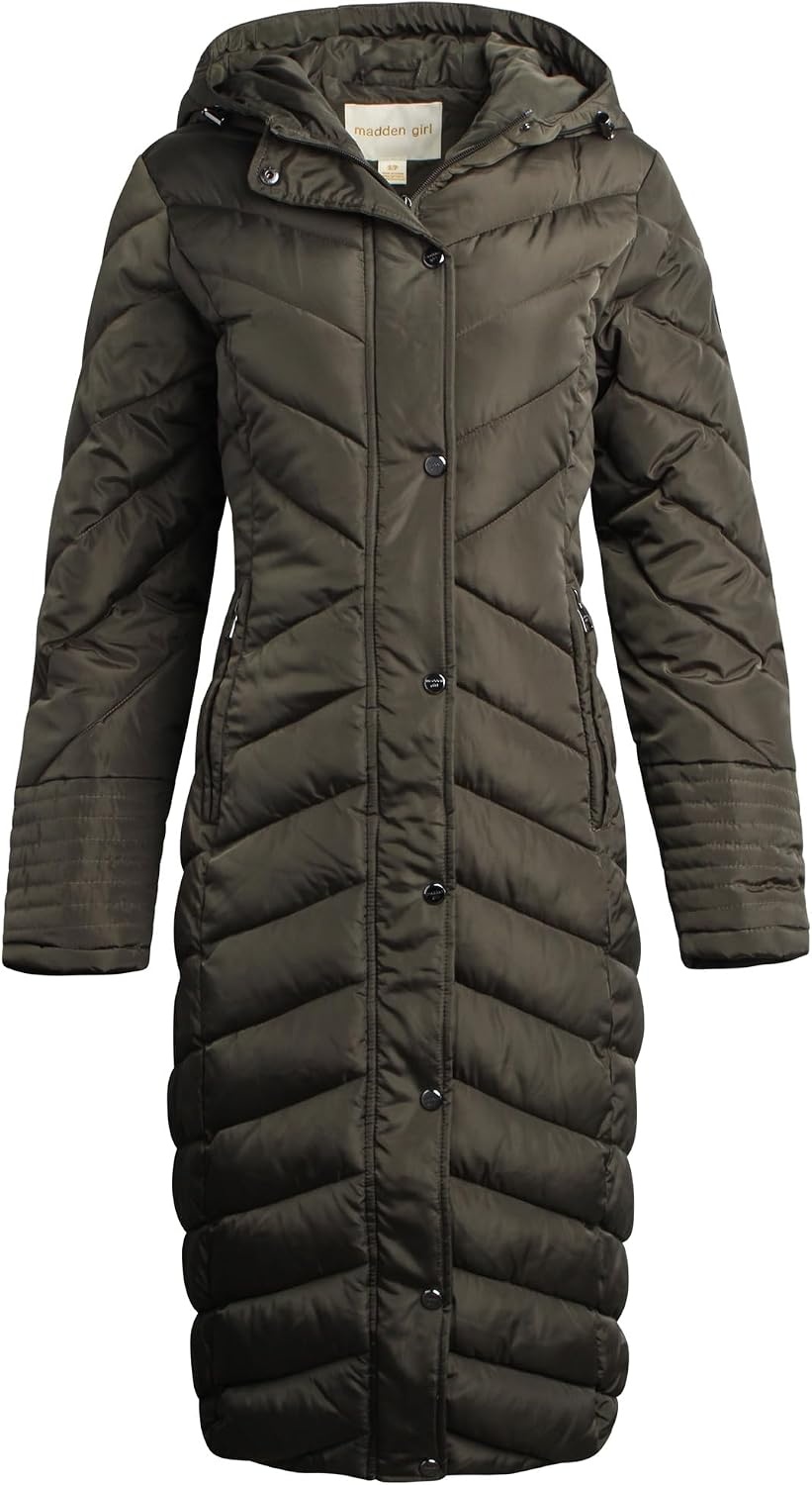 image:imageMadden Girl Womens Maxi Puffer Winter Coats Long Quilted Jackets for Women Weather Resistant Puffer Parka Hooded Jacket Weather Resistant Full Length Warmth Zipper and Button Closure Cozy Insulated Hood Zip Pockets Cold Weather ReadyOlive