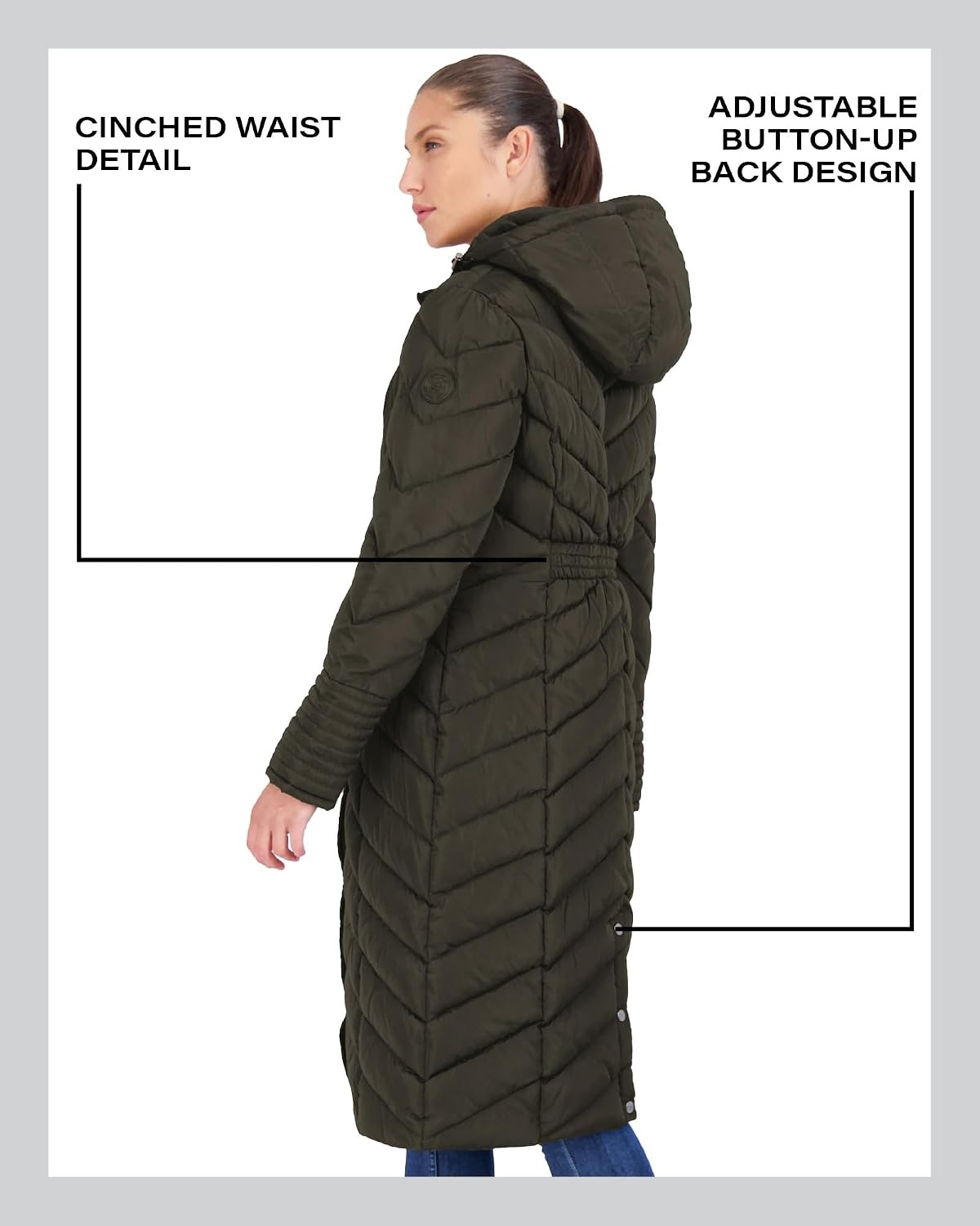 image:imageMadden Girl Womens Maxi Puffer Winter Coats Long Quilted Jackets for Women Weather Resistant Puffer Parka Hooded Jacket Weather Resistant Full Length Warmth Zipper and Button Closure Cozy Insulated Hood Zip Pockets Cold Weather ReadyOlive