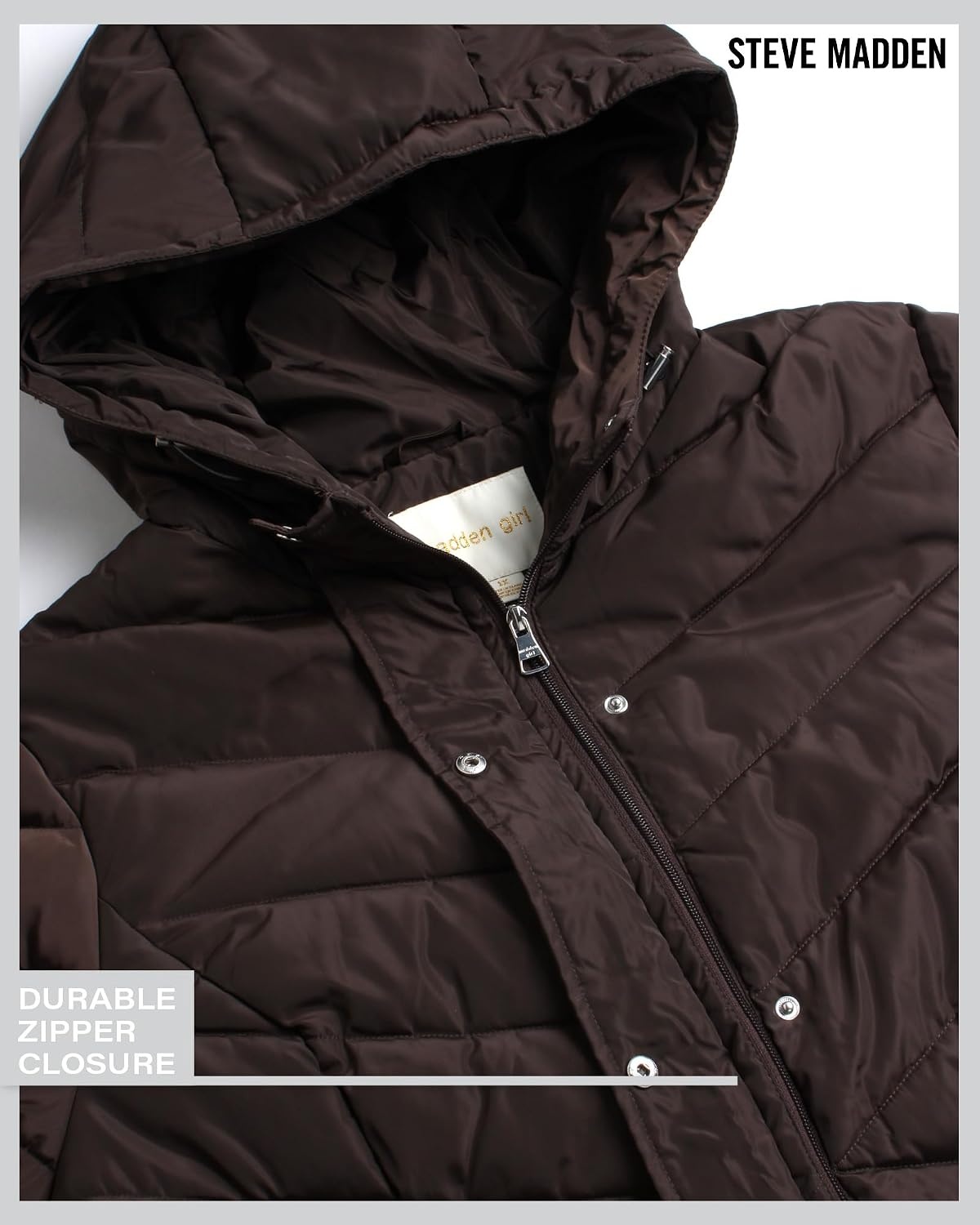 image:imageMadden Girl Womens Maxi Puffer Winter Coats Long Quilted Jackets for Women Weather Resistant Puffer Parka Hooded Jacket Weather Resistant Full Length Warmth Zipper and Button Closure Cozy Insulated Hood Zip Pockets Cold Weather ReadyChocolate