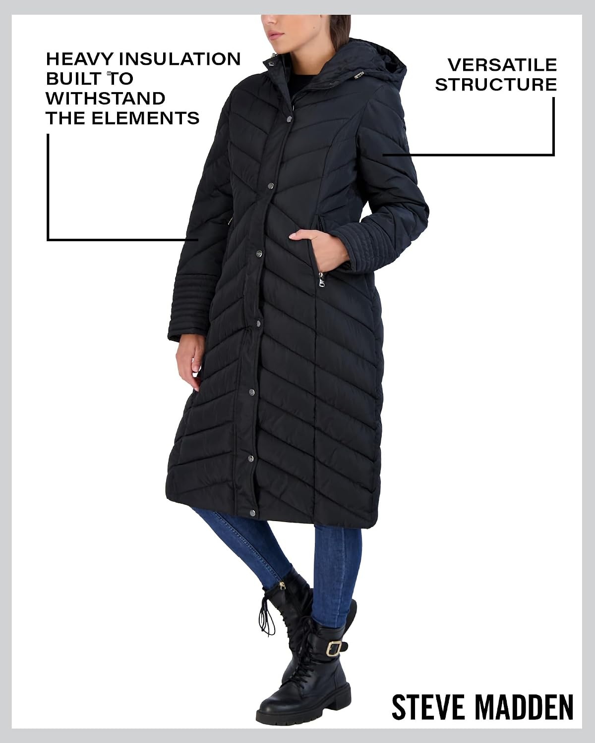 image:imageMadden Girl Womens Maxi Puffer Winter Coats Long Quilted Jackets for Women Weather Resistant Puffer Parka Hooded Jacket Weather Resistant Full Length Warmth Zipper and Button Closure Cozy Insulated Hood Zip Pockets Cold Weather ReadyBlack