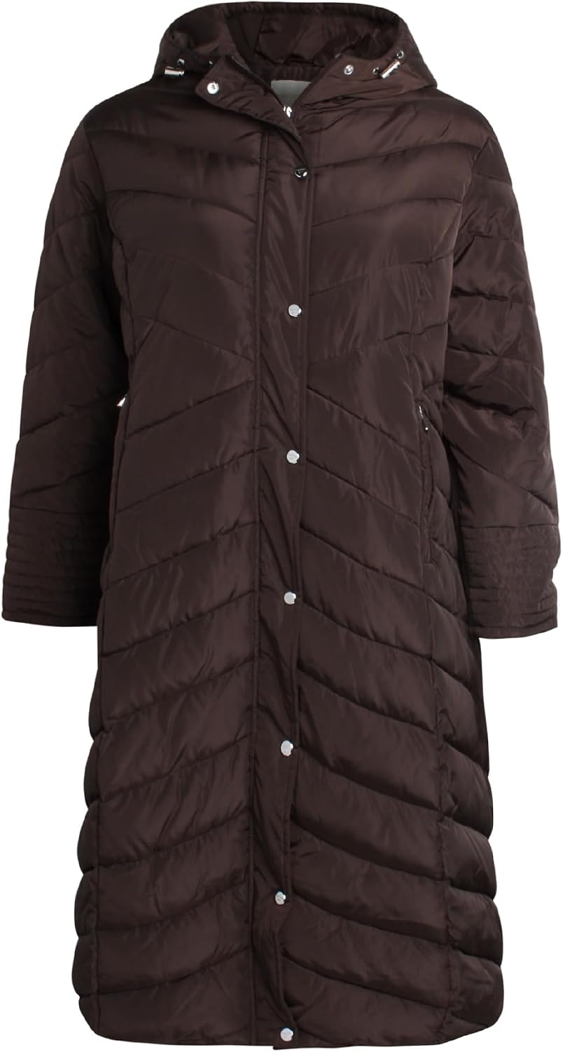 image:imageMadden Girl Womens Maxi Puffer Winter Coats Long Quilted Jackets for Women Weather Resistant Puffer Parka Hooded Jacket Weather Resistant Full Length Warmth Zipper and Button Closure Cozy Insulated Hood Zip Pockets Cold Weather ReadyChocolate