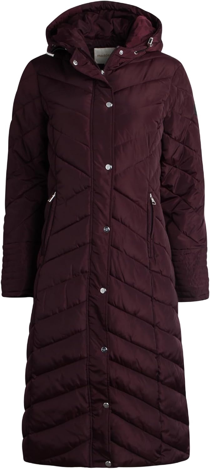 image:imageMadden Girl Womens Maxi Puffer Winter Coats Long Quilted Jackets for Women Weather Resistant Puffer Parka Hooded Jacket Weather Resistant Full Length Warmth Zipper and Button Closure Cozy Insulated Hood Zip Pockets Cold Weather ReadyMerlot