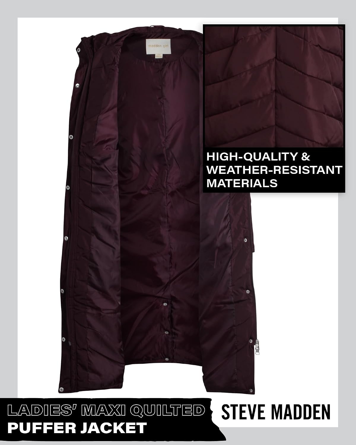 image:imageMadden Girl Womens Maxi Puffer Winter Coats Long Quilted Jackets for Women Weather Resistant Puffer Parka Hooded Jacket Weather Resistant Full Length Warmth Zipper and Button Closure Cozy Insulated Hood Zip Pockets Cold Weather ReadyMerlot