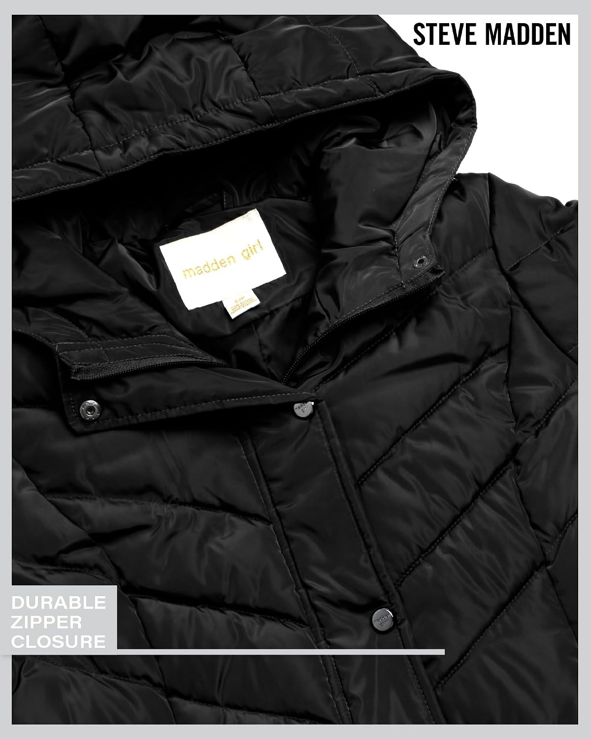 image:imageMadden Girl Womens Maxi Puffer Winter Coats Long Quilted Jackets for Women Weather Resistant Puffer Parka Hooded Jacket Weather Resistant Full Length Warmth Zipper and Button Closure Cozy Insulated Hood Zip Pockets Cold Weather ReadyBlack