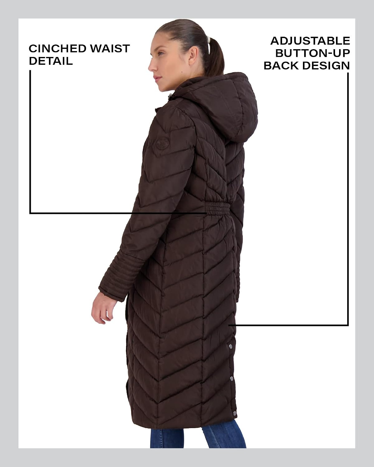image:imageMadden Girl Womens Maxi Puffer Winter Coats Long Quilted Jackets for Women Weather Resistant Puffer Parka Hooded Jacket Weather Resistant Full Length Warmth Zipper and Button Closure Cozy Insulated Hood Zip Pockets Cold Weather ReadyChocolate