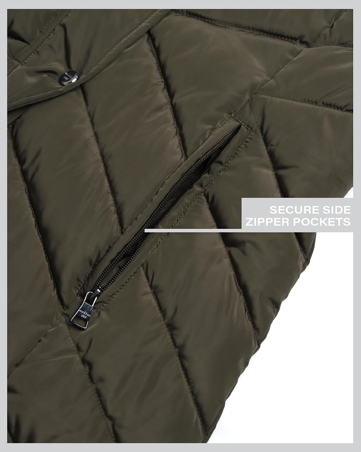 image:imageMadden Girl Womens Maxi Puffer Winter Coats Long Quilted Jackets for Women Weather Resistant Puffer Parka Hooded Jacket Weather Resistant Full Length Warmth Zipper and Button Closure Cozy Insulated Hood Zip Pockets Cold Weather ReadyOlive