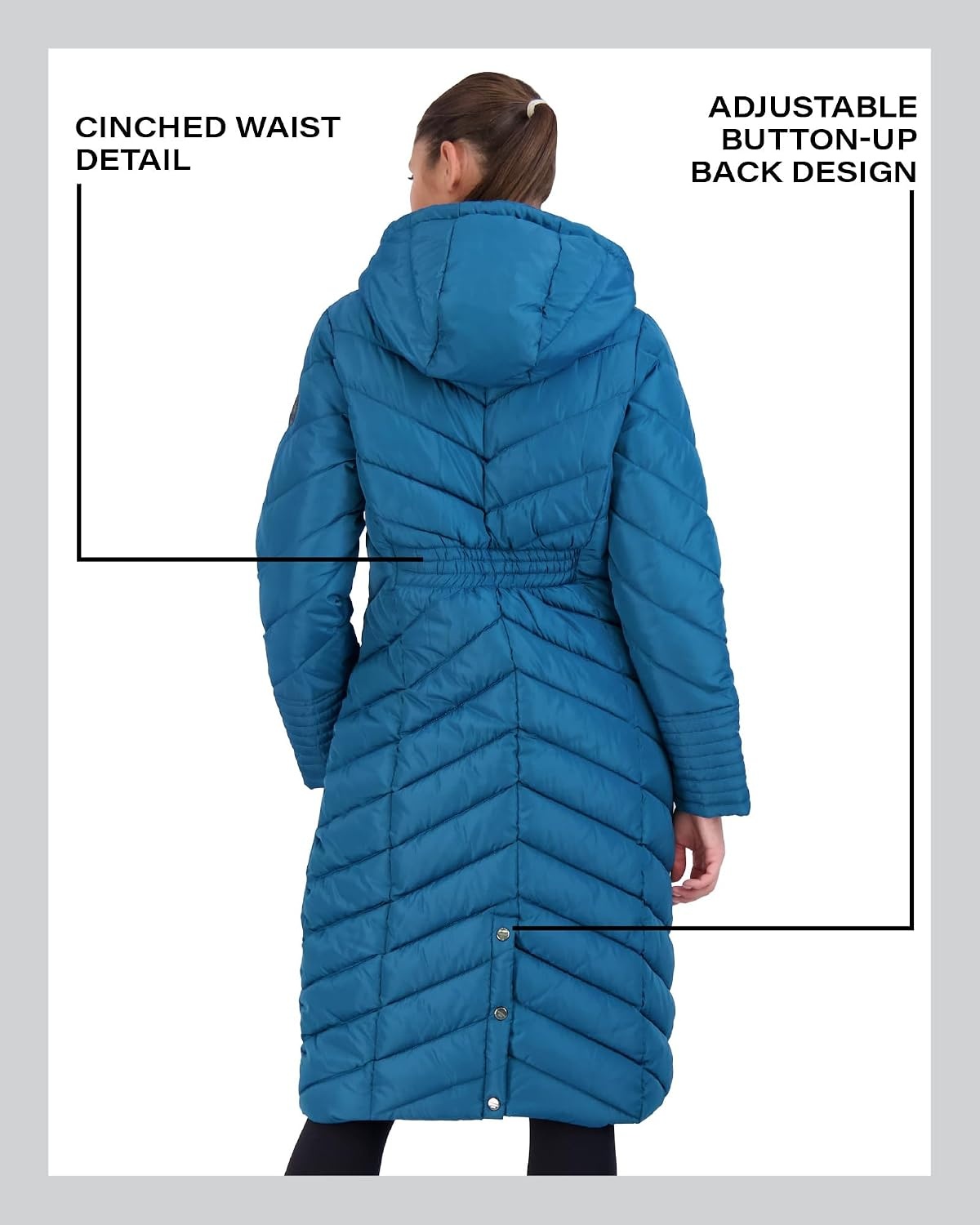 image:imageMadden Girl Womens Maxi Puffer Winter Coats Long Quilted Jackets for Women Weather Resistant Puffer Parka Hooded Jacket Weather Resistant Full Length Warmth Zipper and Button Closure Cozy Insulated Hood Zip Pockets Cold Weather ReadyPeacock