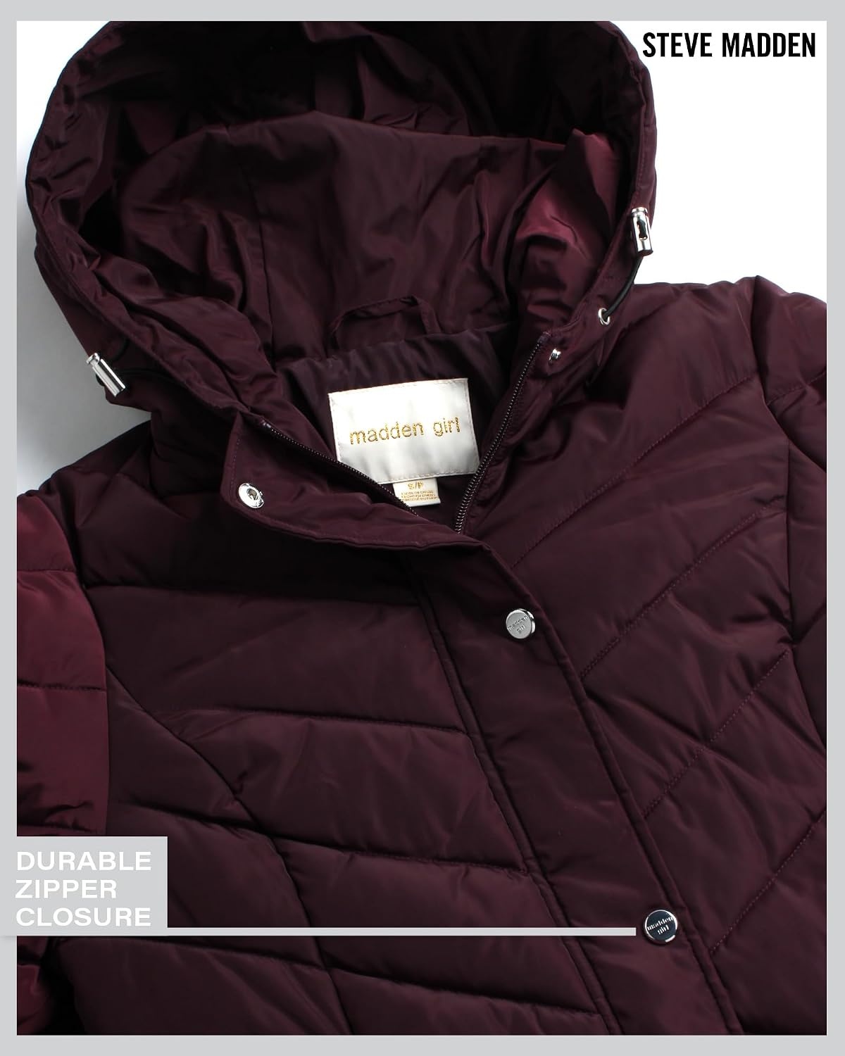 image:imageMadden Girl Womens Maxi Puffer Winter Coats Long Quilted Jackets for Women Weather Resistant Puffer Parka Hooded Jacket Weather Resistant Full Length Warmth Zipper and Button Closure Cozy Insulated Hood Zip Pockets Cold Weather ReadyMerlot