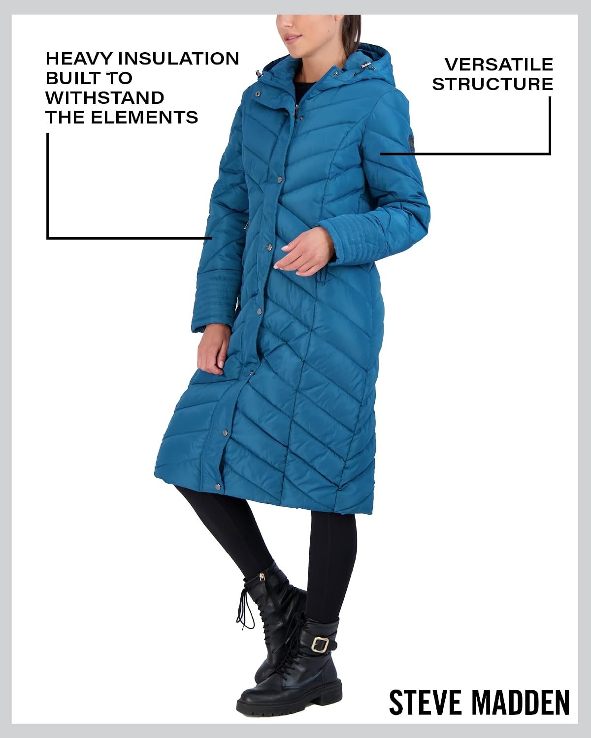 image:imageMadden Girl Womens Maxi Puffer Winter Coats Long Quilted Jackets for Women Weather Resistant Puffer Parka Hooded Jacket Weather Resistant Full Length Warmth Zipper and Button Closure Cozy Insulated Hood Zip Pockets Cold Weather ReadyPeacock