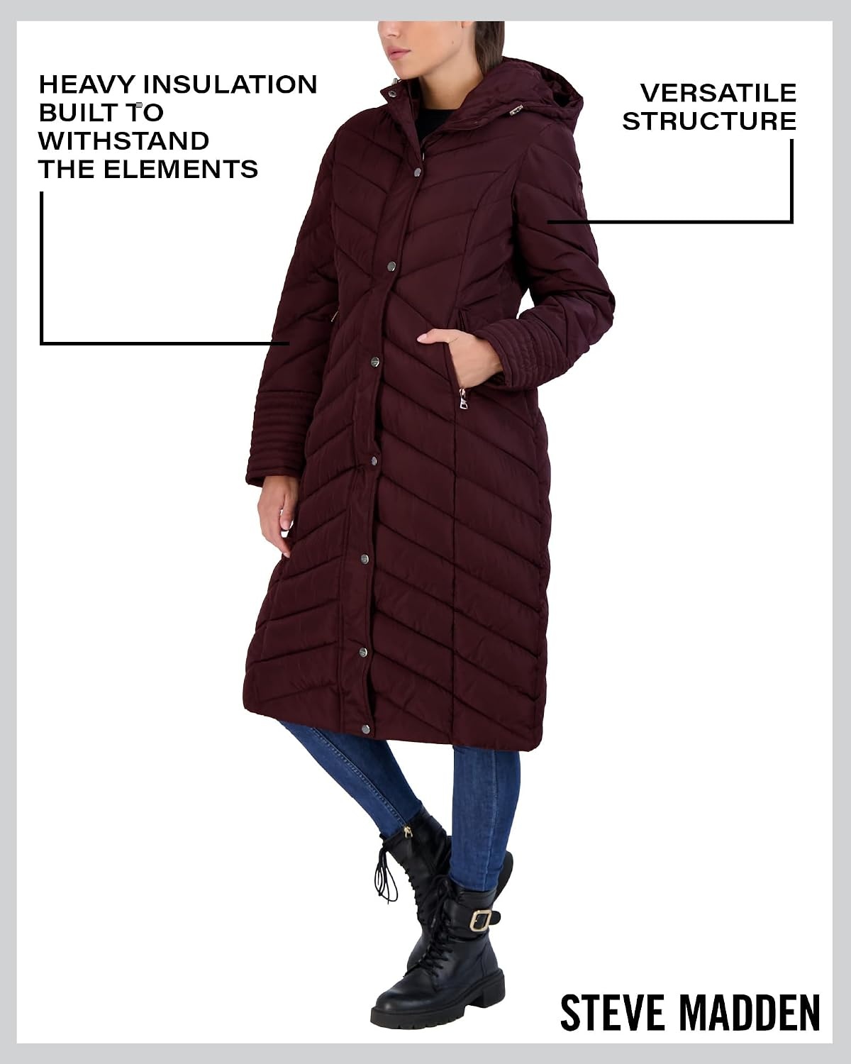 image:imageMadden Girl Womens Maxi Puffer Winter Coats Long Quilted Jackets for Women Weather Resistant Puffer Parka Hooded Jacket Weather Resistant Full Length Warmth Zipper and Button Closure Cozy Insulated Hood Zip Pockets Cold Weather ReadyMerlot