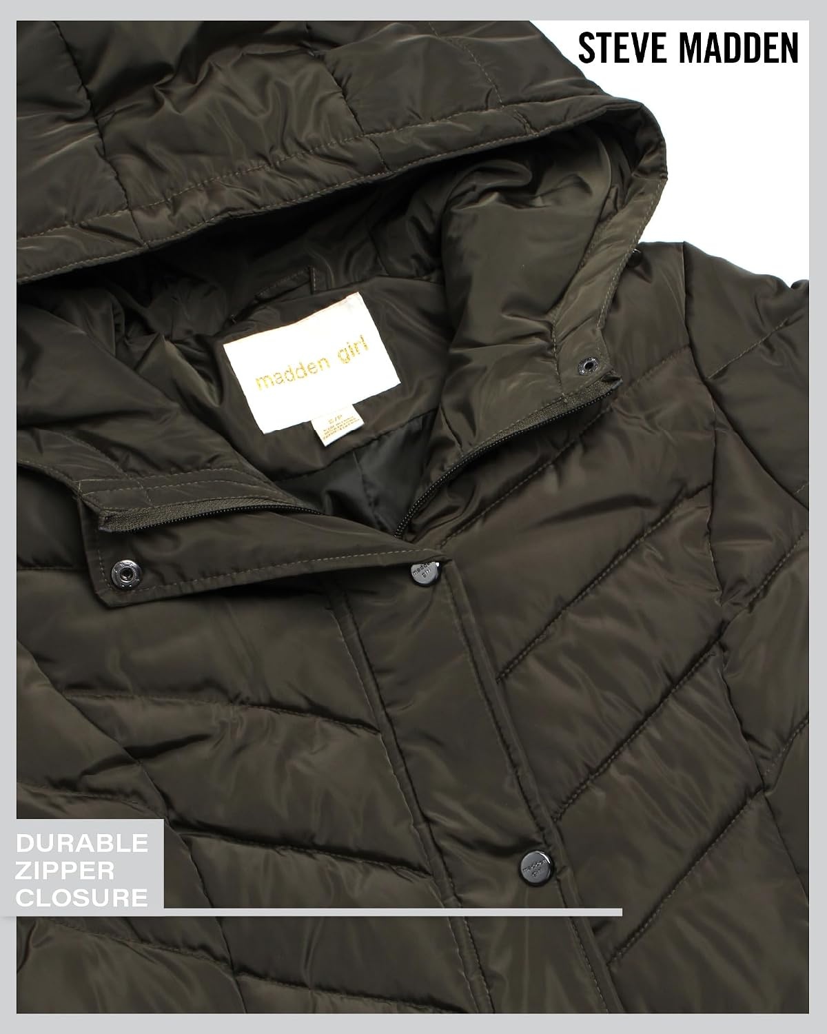 image:imageMadden Girl Womens Maxi Puffer Winter Coats Long Quilted Jackets for Women Weather Resistant Puffer Parka Hooded Jacket Weather Resistant Full Length Warmth Zipper and Button Closure Cozy Insulated Hood Zip Pockets Cold Weather ReadyOlive