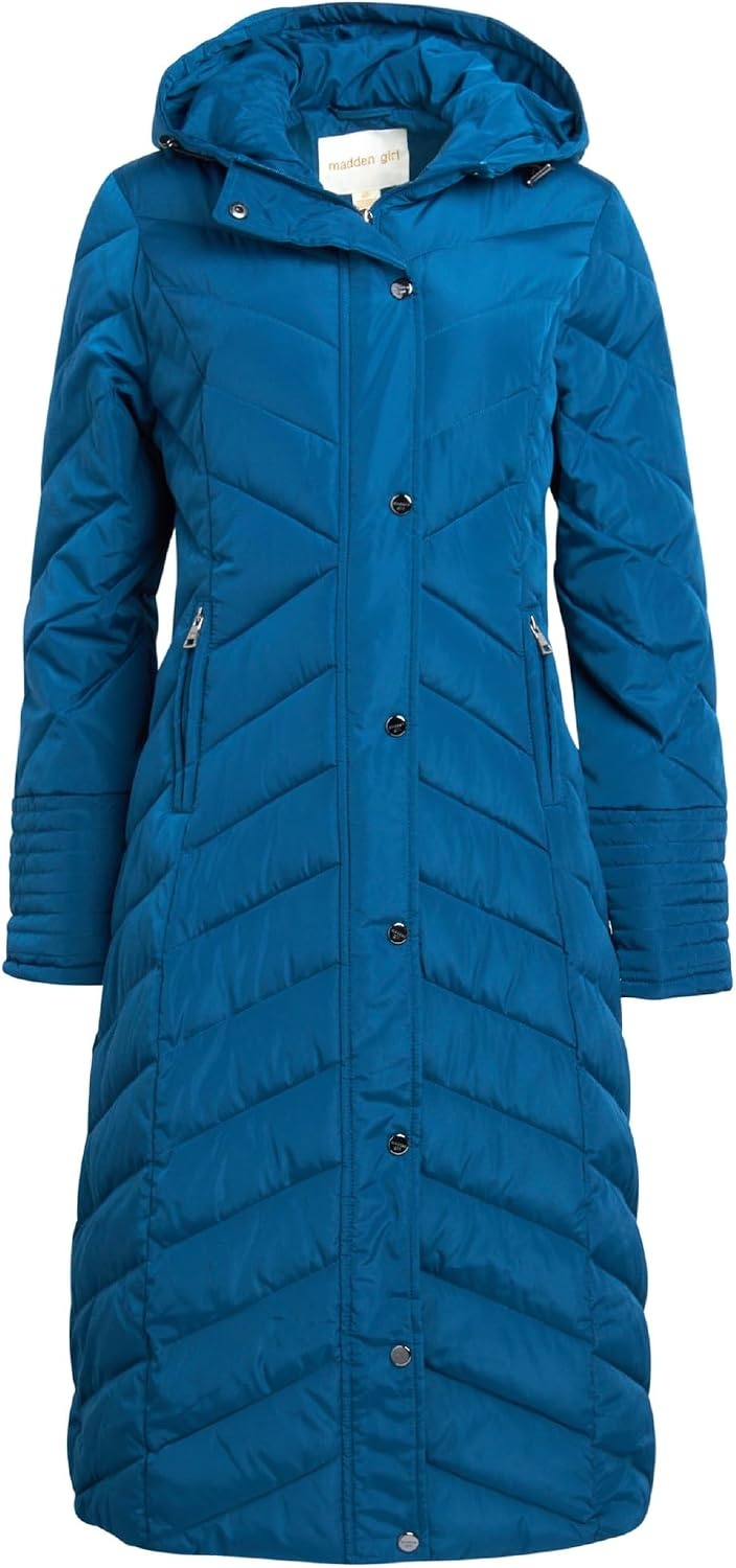 image:imageMadden Girl Womens Maxi Puffer Winter Coats Long Quilted Jackets for Women Weather Resistant Puffer Parka Hooded Jacket Weather Resistant Full Length Warmth Zipper and Button Closure Cozy Insulated Hood Zip Pockets Cold Weather ReadyPeacock