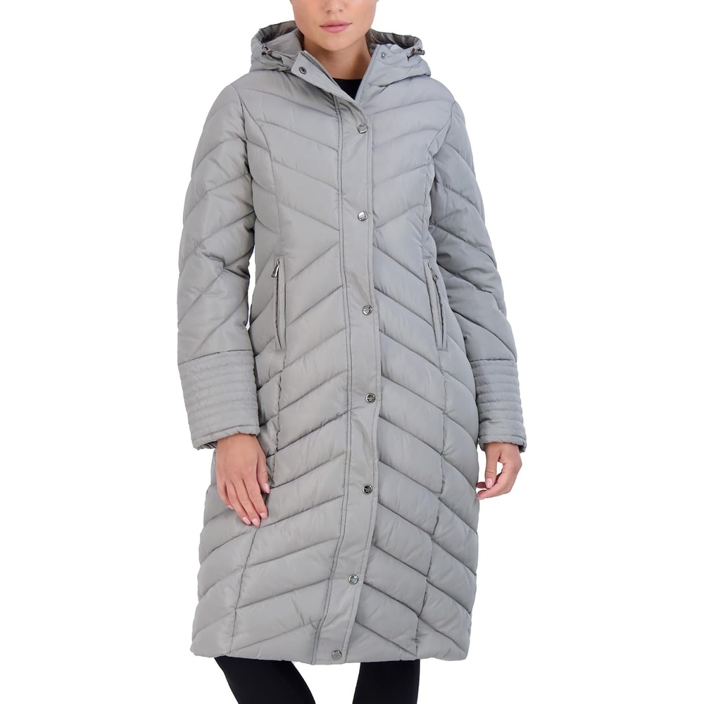image:imageMadden Girl Womens Maxi Puffer Winter Coats Long Quilted Jackets for Women Weather Resistant Puffer Parka Hooded Jacket Weather Resistant Full Length Warmth Zipper and Button Closure Cozy Insulated Hood Zip Pockets Cold Weather ReadyTitanium