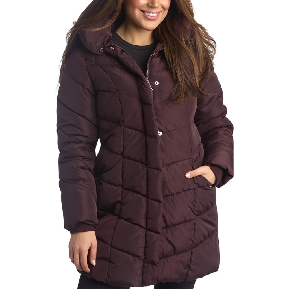 image:imageSteve Madden Womens Winter Coat Long Puffer Jacket Heavyweight Parka  Heavyweight Insulated Quilted Fleece Warmth Windproof Longline Coverage Zip Pockets Removable Hood for Cold Weather WearMerlot