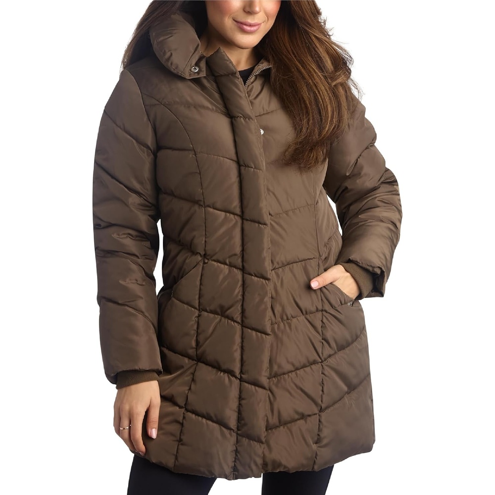 image:imageSteve Madden Womens Winter Coat Long Puffer Jacket Heavyweight Parka  Heavyweight Insulated Quilted Fleece Warmth Windproof Longline Coverage Zip Pockets Removable Hood for Cold Weather WearGreen