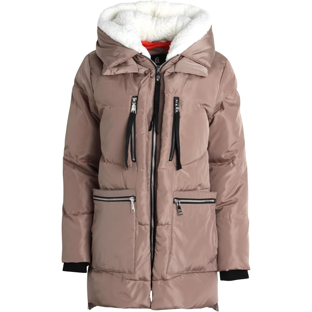 image:imageSteve Madden Womens Winter Jacket Midlength Puffer Parka Coat Sherpa Hood  Insulated Quilted Warm Cozy Faux Sherpa Hood Heavyweight Warmth ZIP Pockets Adjustable Side Zippers Cold Weather ReadySand