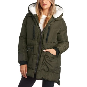 Steve Madden Womens Winter Jacket, Midlength Puffer Parka Coat, Sherpa Hood | Insulated Quilted, Warm Cozy Faux Sherpa Hood, Heavyweight Warmth, ZIP Pockets, Adjustable Side Zippers, Cold Weather Ready(Olive)