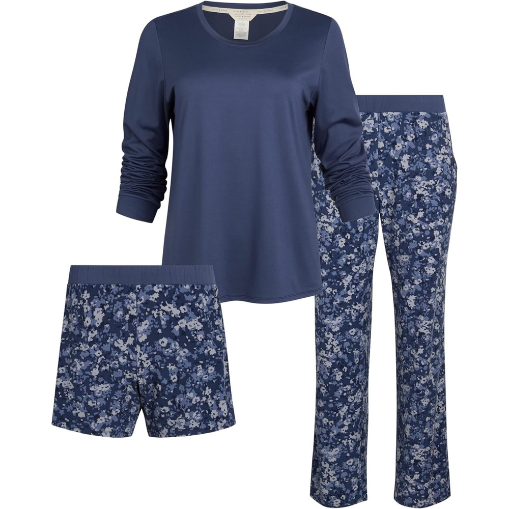 image:imageSteve Madden Womens Pajama 3 Piece Set Long Sleeve Shirt Pants Lounge ShortsDenim Blue  Ditsy Spot
