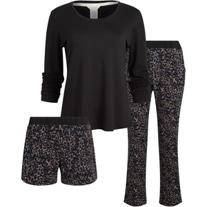 Steve Madden Women’s Pajama 3 Piece Set- Long Sleeve Shirt, Pants, Lounge Shorts(Black Camo Spots)