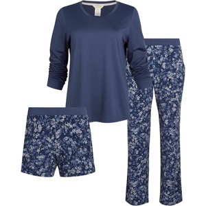 Steve Madden Women’s Pajama 3 Piece Set- Long Sleeve Shirt, Pants, Lounge Shorts(Denim Blue & Ditsy Spot)