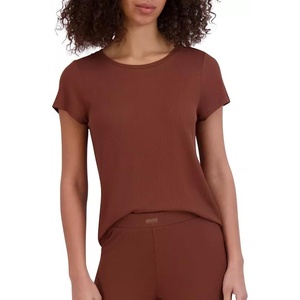 Steve Madden Women’s Women’s Ribbed Short-Sleeve Sleep Tee(Tiramisu)