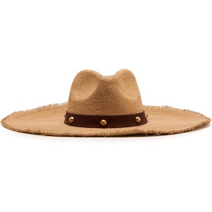 Steve Madden Improv Sun Hat, Tan, Lightweight Straw Hat with Faux Leather Brim Detail