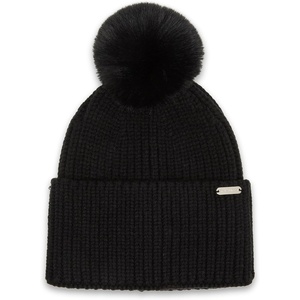 Steve Madden Women’s Wide Cuff Beanie with Pom(Black)