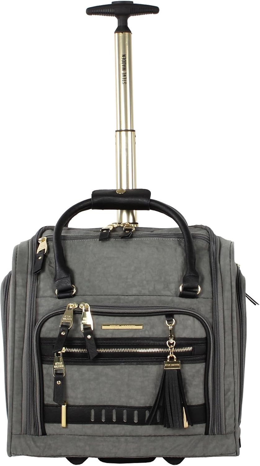 image:imageSteve Madden Designer 15 Inch Carry on Suitcase Small Weekender Overnight Business Travel Luggage Lightweight 2 Rolling Spinner Wheels Under Seat Bag for Women Shadow PurplePeekaboo Grey