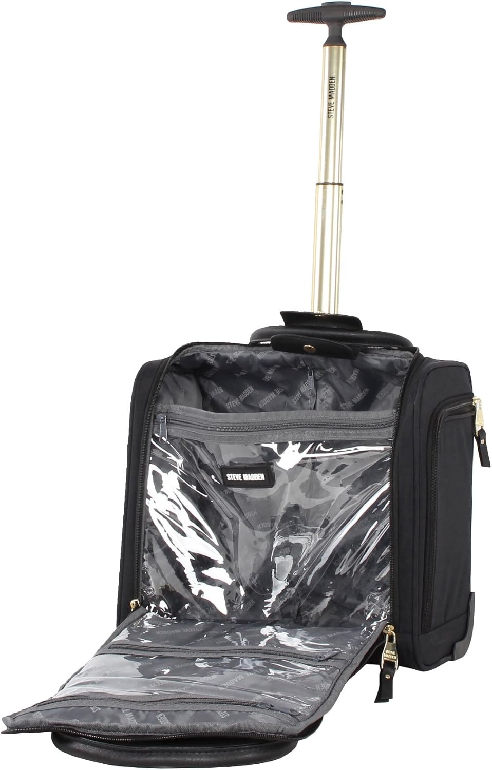 image:imageSteve Madden Designer 15 Inch Carry on Suitcase Small Weekender Overnight Business Travel Luggage Lightweight 2 Rolling Spinner Wheels Under Seat Bag for Women Shadow PurplePeekABoo Black