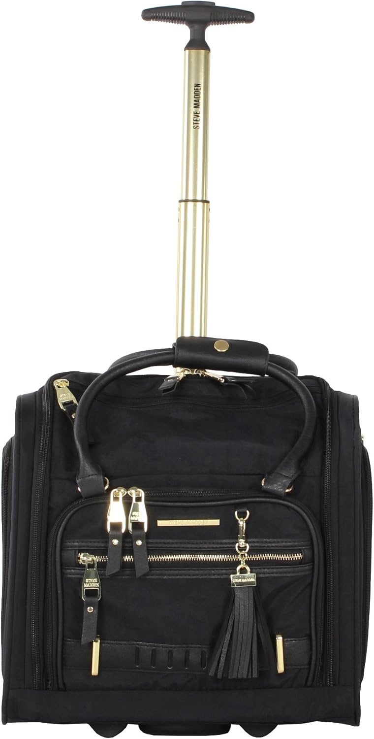 image:imageSteve Madden Designer 15 Inch Carry on Suitcase Small Weekender Overnight Business Travel Luggage Lightweight 2 Rolling Spinner Wheels Under Seat Bag for Women Shadow PurplePeekABoo Black