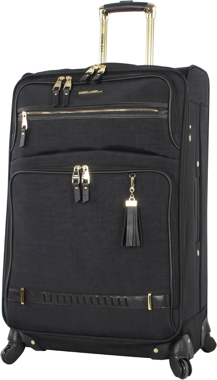 image:imageSteve Madden Designer Luggage Collection 3 Piece Softside Expandable Lightweight Spinner Suitcase Set Travel Set Includes an Under Seat Bag 20Inch Carry on and 28Inch Checked Suitcase ShadowPeekaboo Black