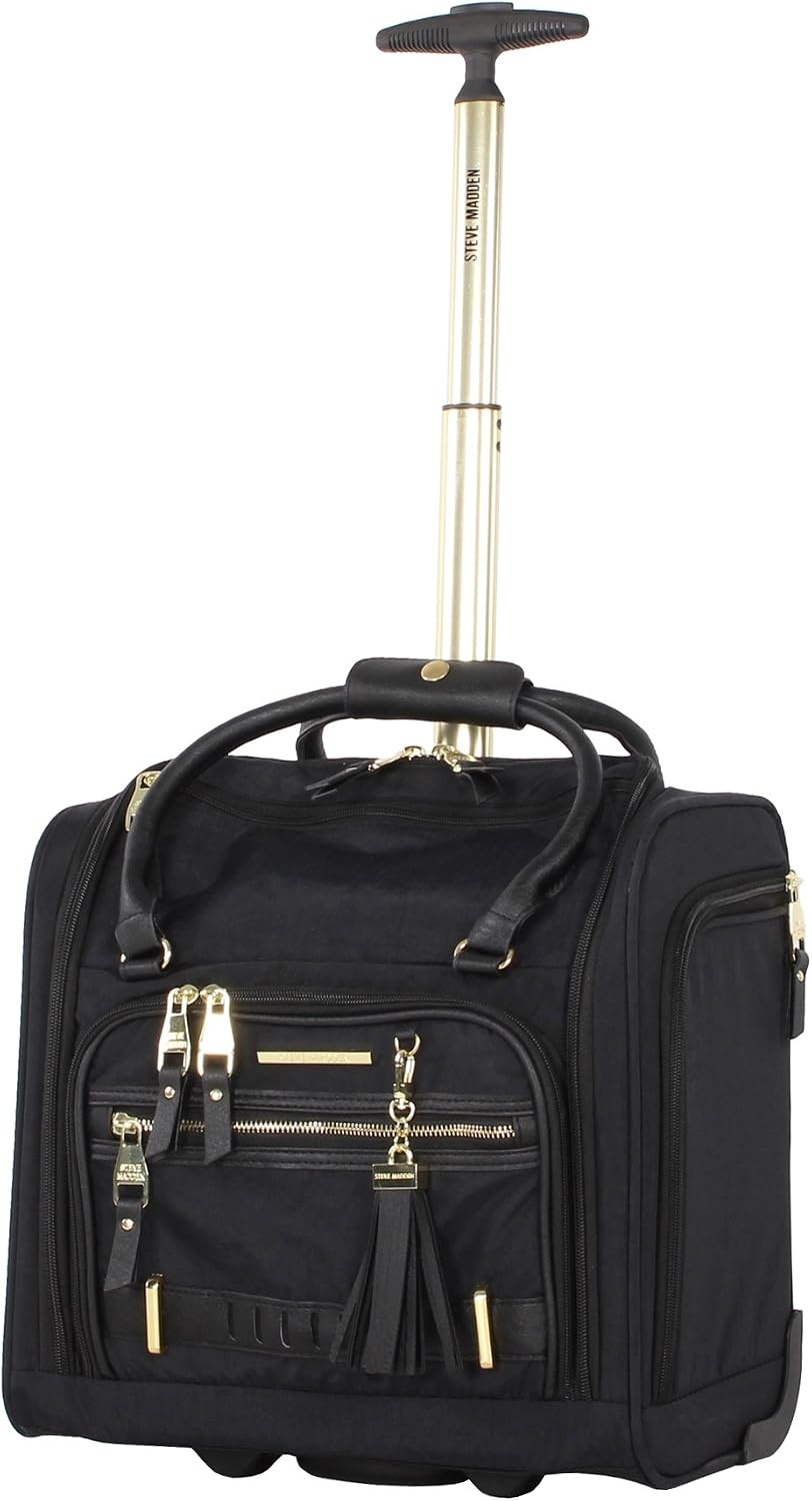 image:imageSteve Madden Designer Luggage Collection 3 Piece Softside Expandable Lightweight Spinner Suitcase Set Travel Set Includes an Under Seat Bag 20Inch Carry on and 28Inch Checked Suitcase ShadowPeekaboo Black
