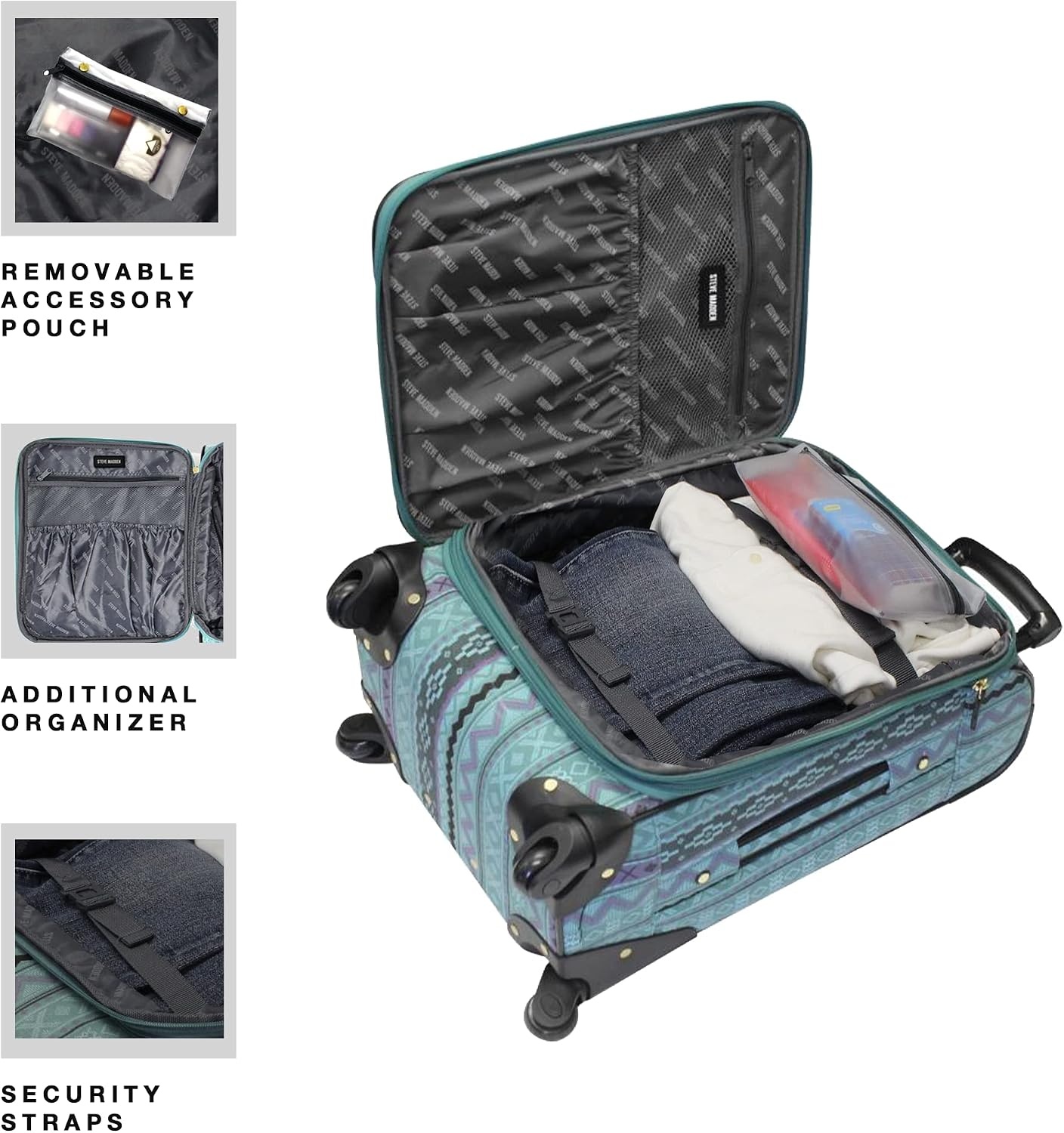 image:imageSteve Madden DesignerGepckkollektion Leichter SoftsideKoffer fr Damen und Herren strapazierfhige 508 cm groe Tragetasche mit 4 rollenden SpinnerRdern Peekaboo Purple 20in Carry on Bag WithLegends Turquoise