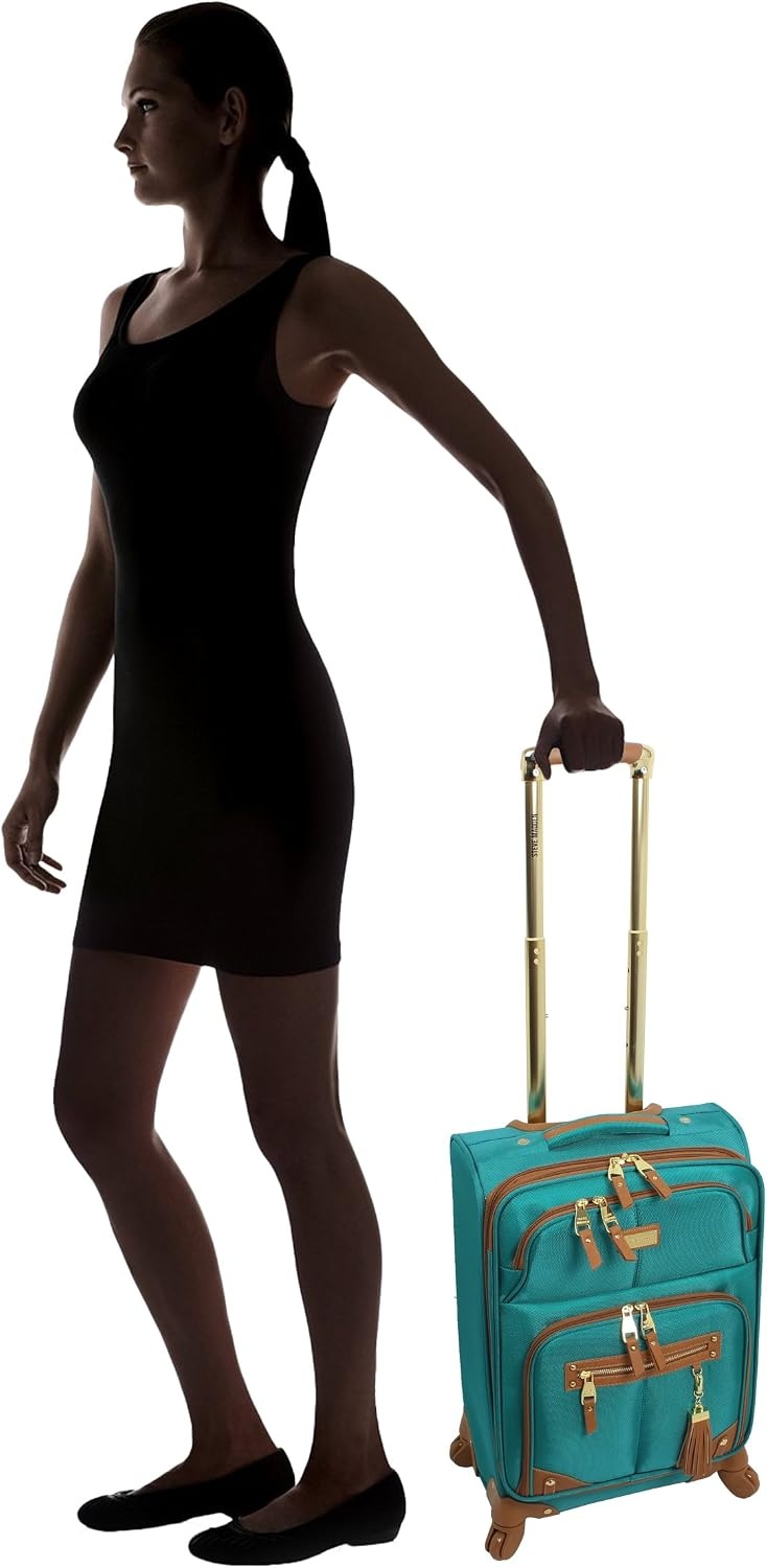 image:imageSteve Madden DesignerGepckkollektion Leichter SoftsideKoffer fr Damen und Herren strapazierfhige 508 cm groe Tragetasche mit 4 rollenden SpinnerRdern Peekaboo Purple 20in Carry on Bag WithHarlo Teal Blue