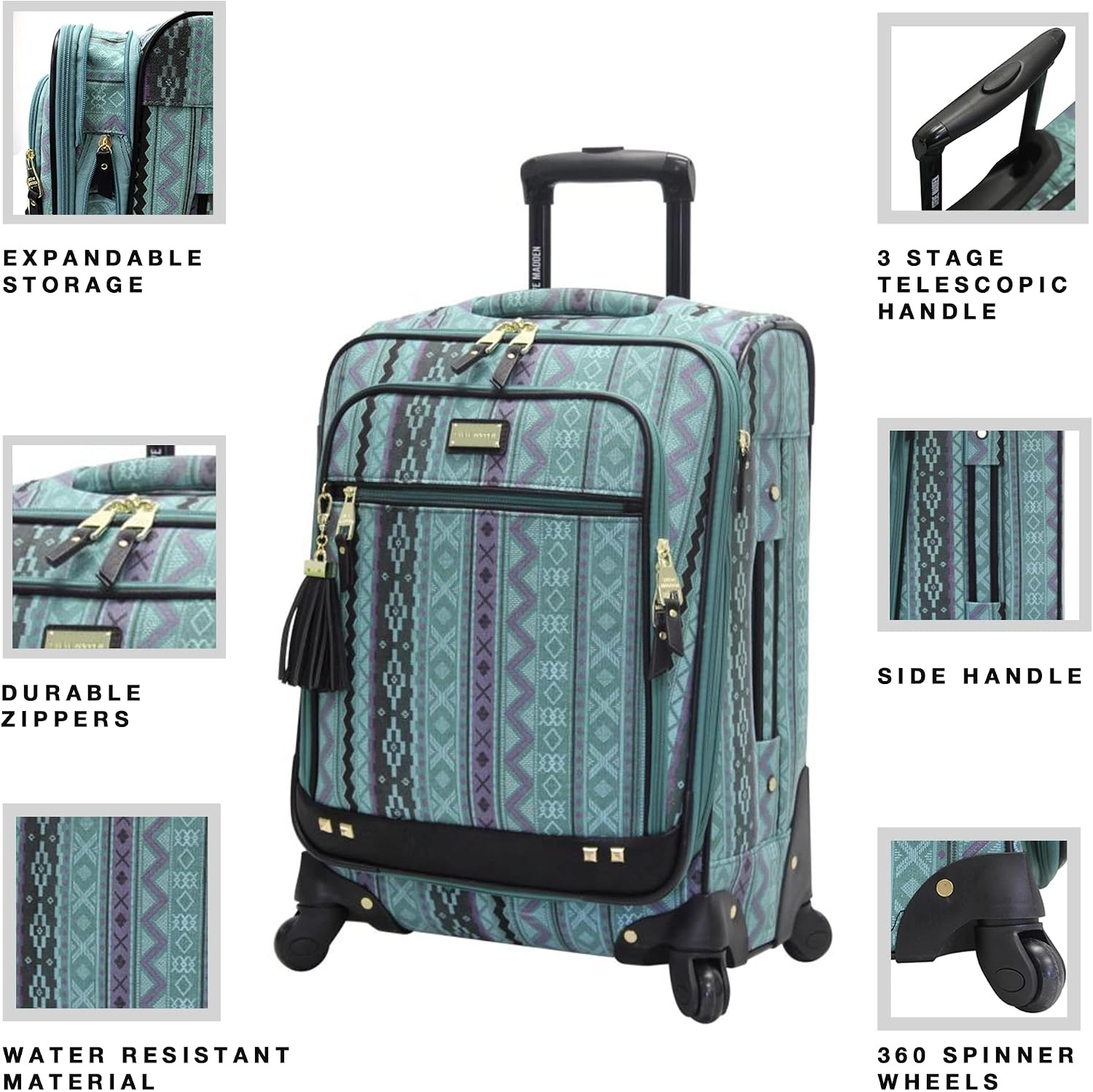 image:imageSteve Madden DesignerGepckkollektion Leichter SoftsideKoffer fr Damen und Herren strapazierfhige 508 cm groe Tragetasche mit 4 rollenden SpinnerRdern Peekaboo Purple 20in Carry on Bag WithLegends Turquoise