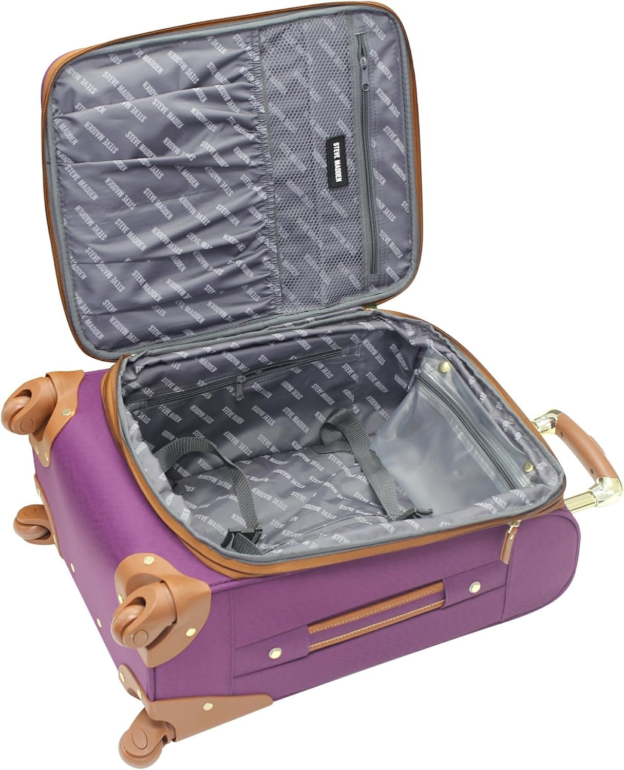 image:imageSteve Madden DesignerGepckkollektion Leichter SoftsideKoffer fr Damen und Herren strapazierfhige 508 cm groe Tragetasche mit 4 rollenden SpinnerRdern Peekaboo Purple 20in Carry on Bag WithGlobal Purple