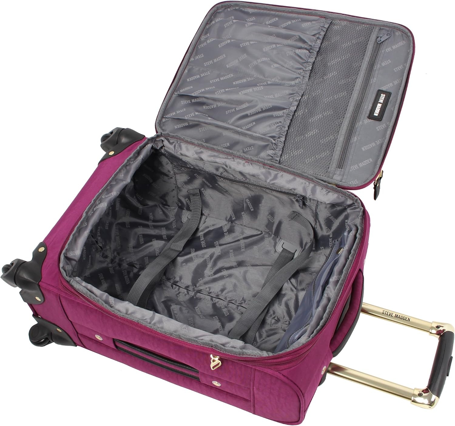 image:imageSteve Madden DesignerGepckkollektion Leichter SoftsideKoffer fr Damen und Herren strapazierfhige 508 cm groe Tragetasche mit 4 rollenden SpinnerRdern Peekaboo Purple 20in Carry on Bag WithPeekaboo Purple