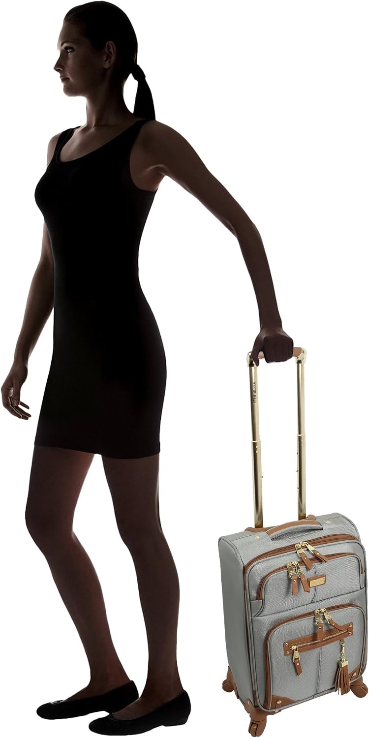image:imageSteve Madden DesignerGepckkollektion Leichter SoftsideKoffer fr Damen und Herren strapazierfhige 508 cm groe Tragetasche mit 4 rollenden SpinnerRdern Peekaboo Purple 20in Carry on Bag WithHarlo Gray
