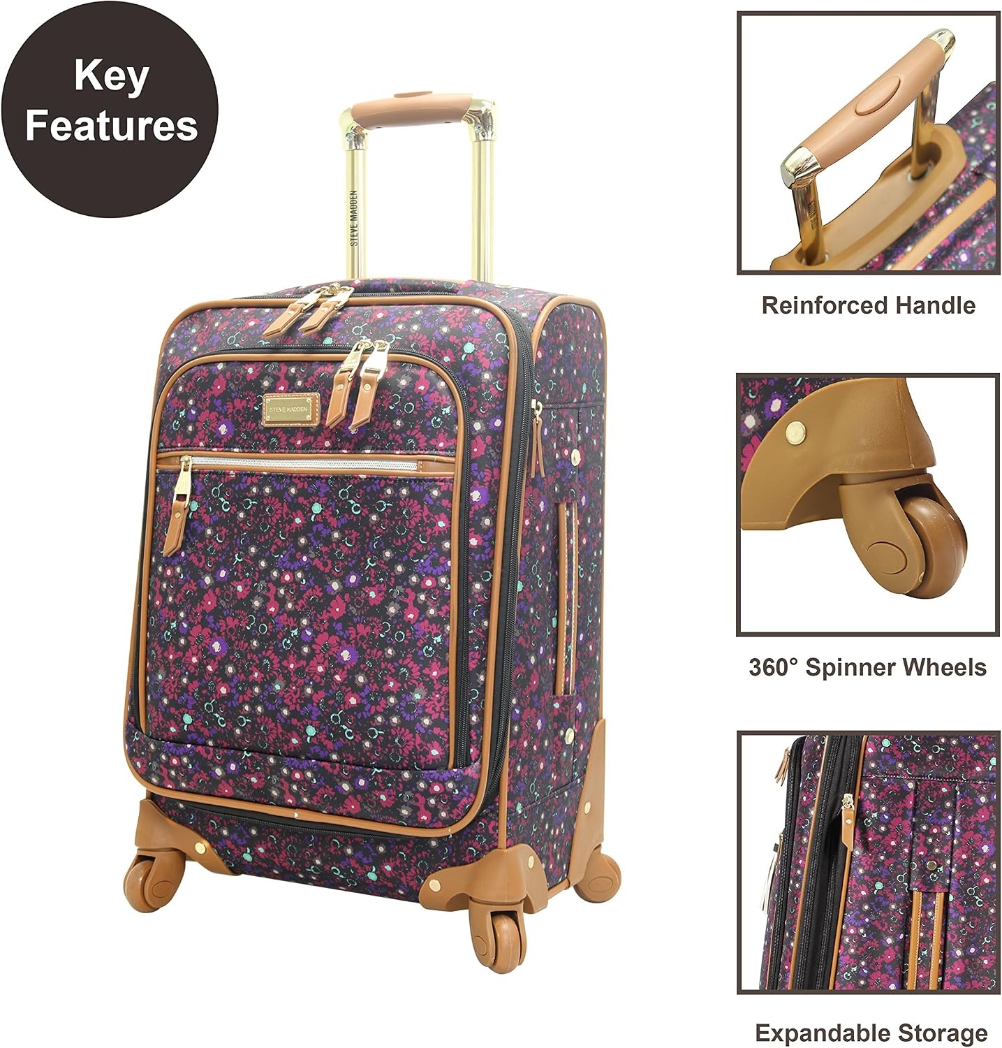 image:imageSteve Madden DesignerGepckkollektion Leichter SoftsideKoffer fr Damen und Herren strapazierfhige 508 cm groe Tragetasche mit 4 rollenden SpinnerRdern Peekaboo Purple 20in Carry on Bag WithDark Purple